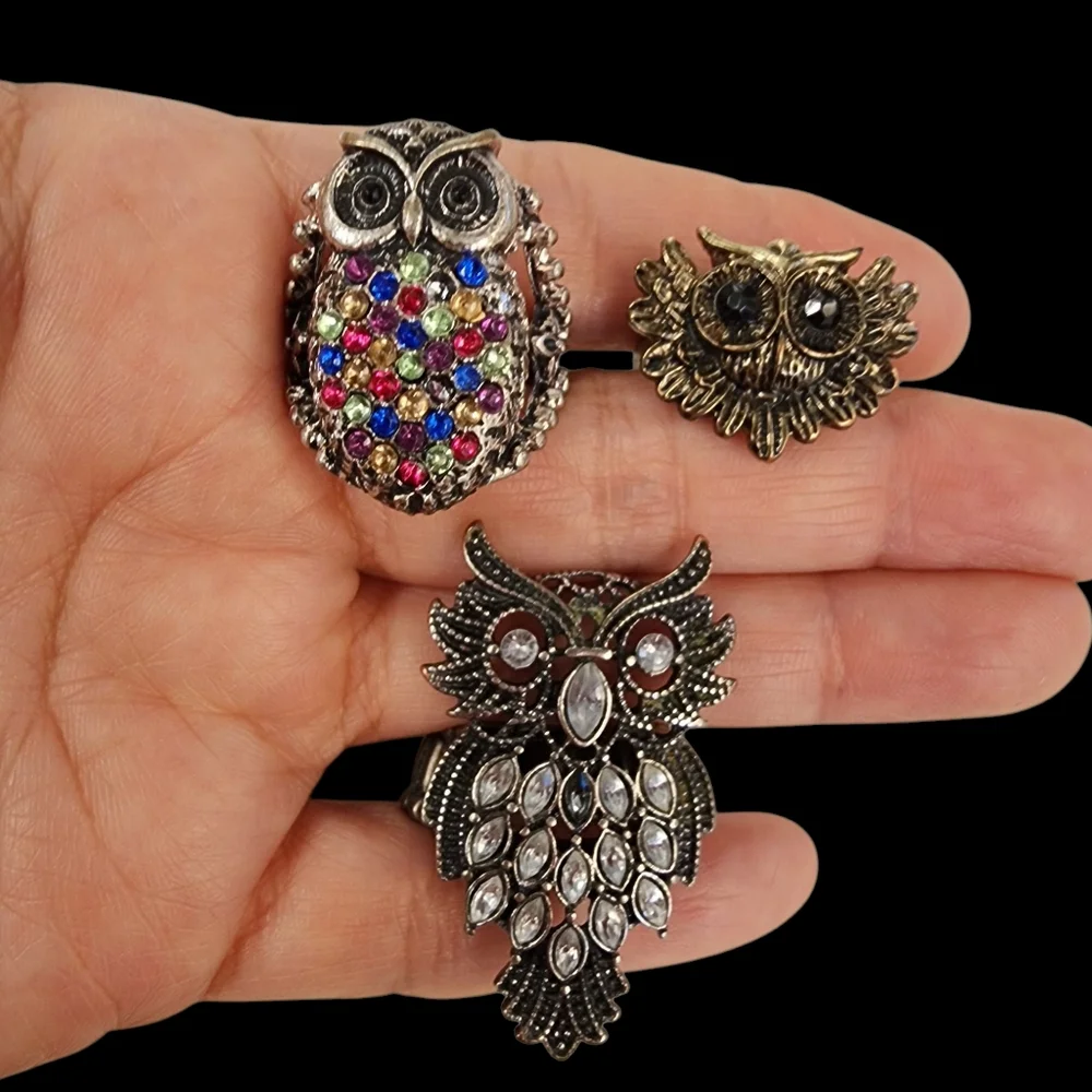 Bundle of 3 Owl Rings Antique Silver And Brass Tone With Rhinestones - Picture 4 of 15